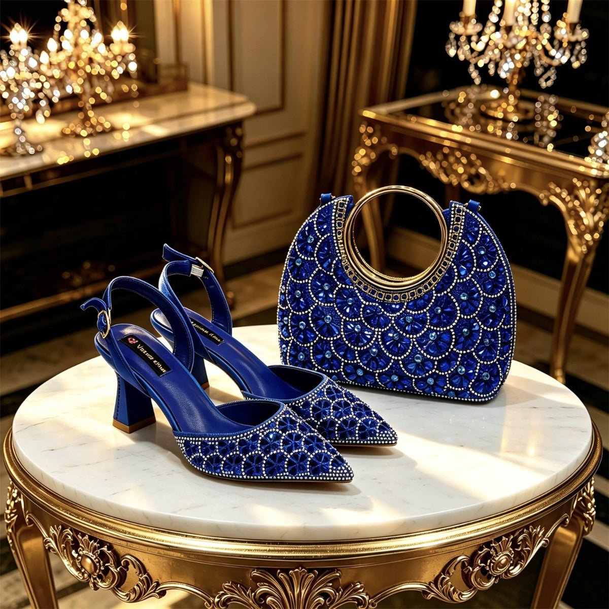 Elegant Rhinestone Pointed Toe Heels & Matching Handbag Set - Blue - Women - Shoes - Milvertons
