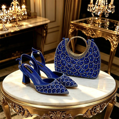 Elegant Rhinestone Pointed Toe Heels & Matching Handbag Set - Blue - Women - Shoes - Milvertons