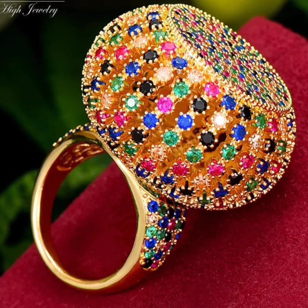 Bold Cubic Zirconia Statement Ring – Trendy 2024 Boho Jewelry - Gold Multi - Apparel & Accessories - Jewelry - Rings - Milvertons