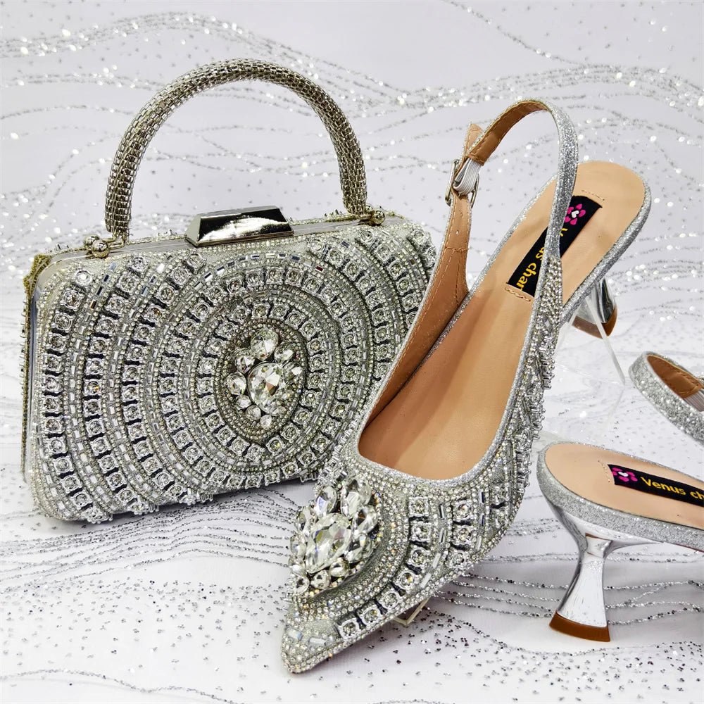 Silver Butterfly Slingback Sandals & Bag Set – 2025 Wedding Party on a glittery surface