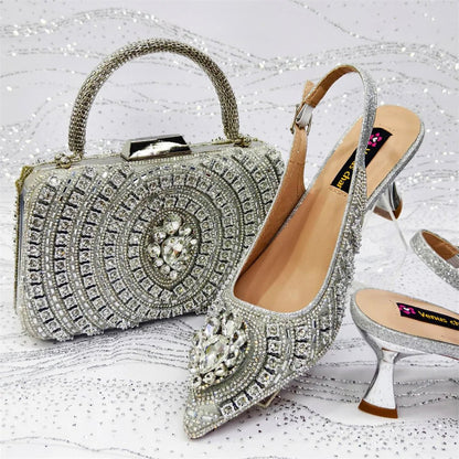 Silver Butterfly Slingback Sandals & Bag Set – 2025 Wedding Party on a glittery surface