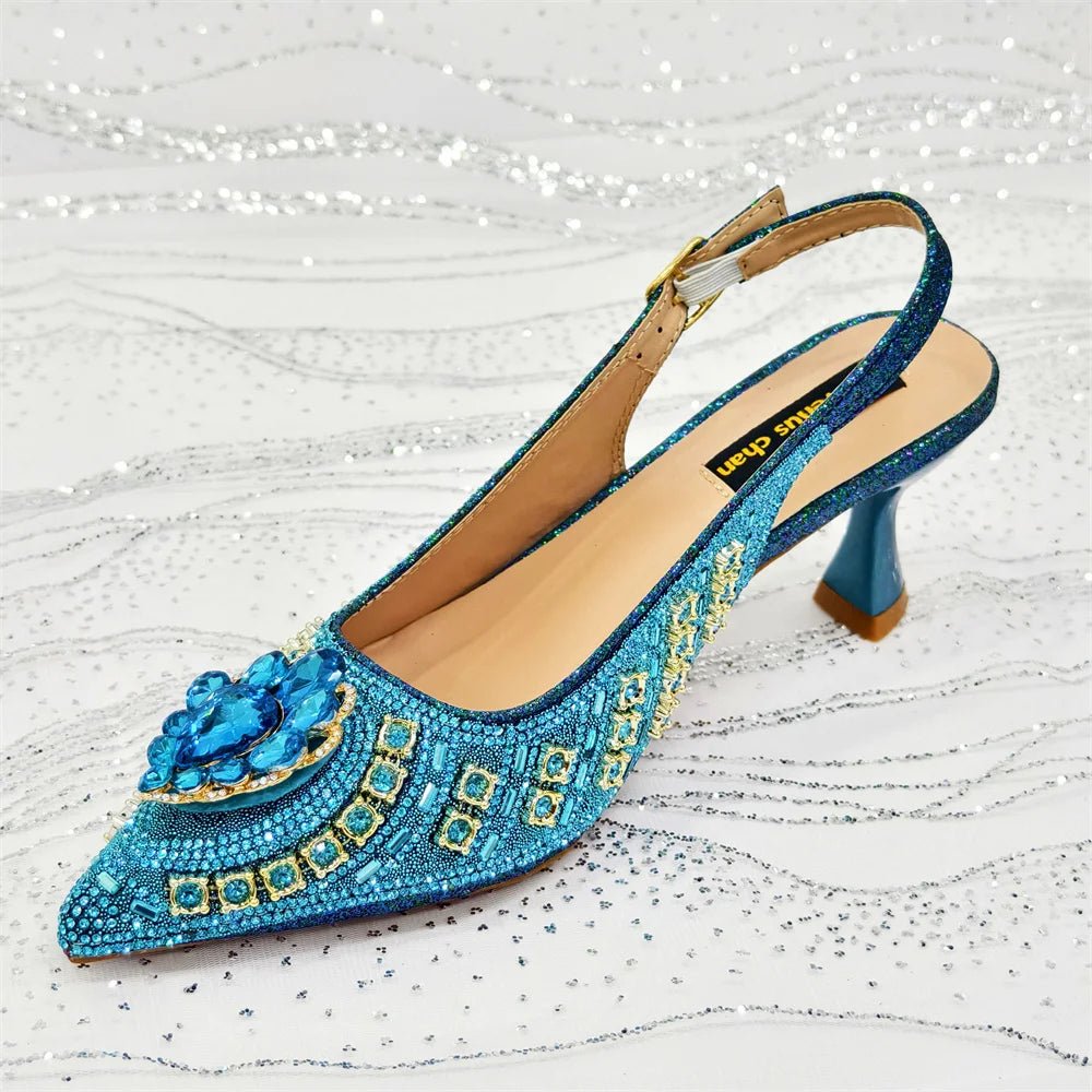 Blue Butterfly Slingback Sandals & Bag Set – 2025 Wedding Party on a sparkling background