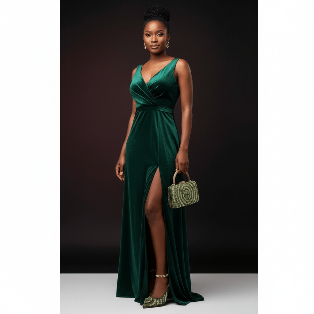 Woman wearing green Butterfly Slingback Sandals and holding a matching handbag, against a dark background.
