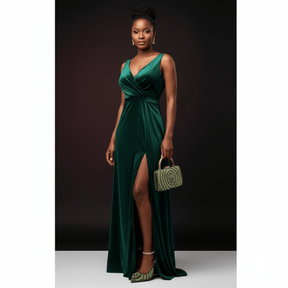 Woman wearing green Butterfly Slingback Sandals and holding a matching handbag, against a dark background.
