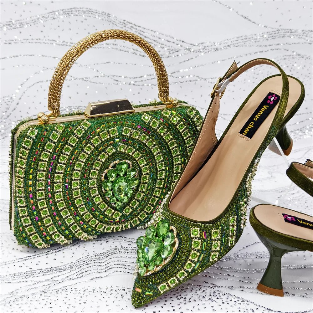 Green Butterfly Slingback Sandals & Bag Set – 2025 Wedding Party on a textured white background