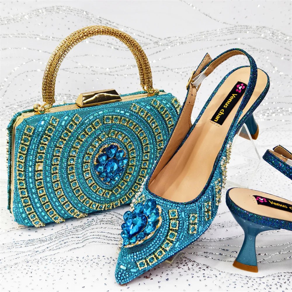 Blue Butterfly Slingback Sandals & Bag Set – 2025 Wedding Party on a textured white surface