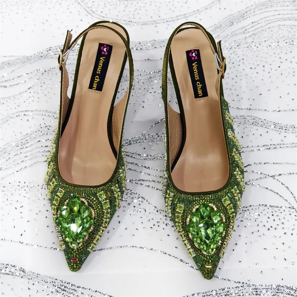 Green Butterfly Slingback Sandals & Bag Set – 2025 Wedding Party on a textured white surface