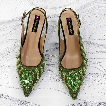 Green Butterfly Slingback Sandals & Bag Set – 2025 Wedding Party on a textured white surface