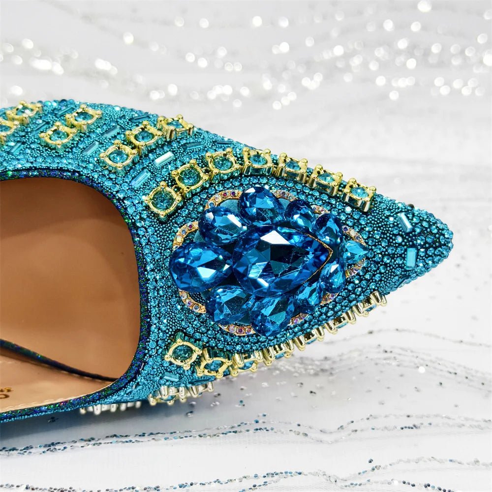 Blue Butterfly Slingback Sandals & Bag Set – 2025 Wedding Party with a glittery background