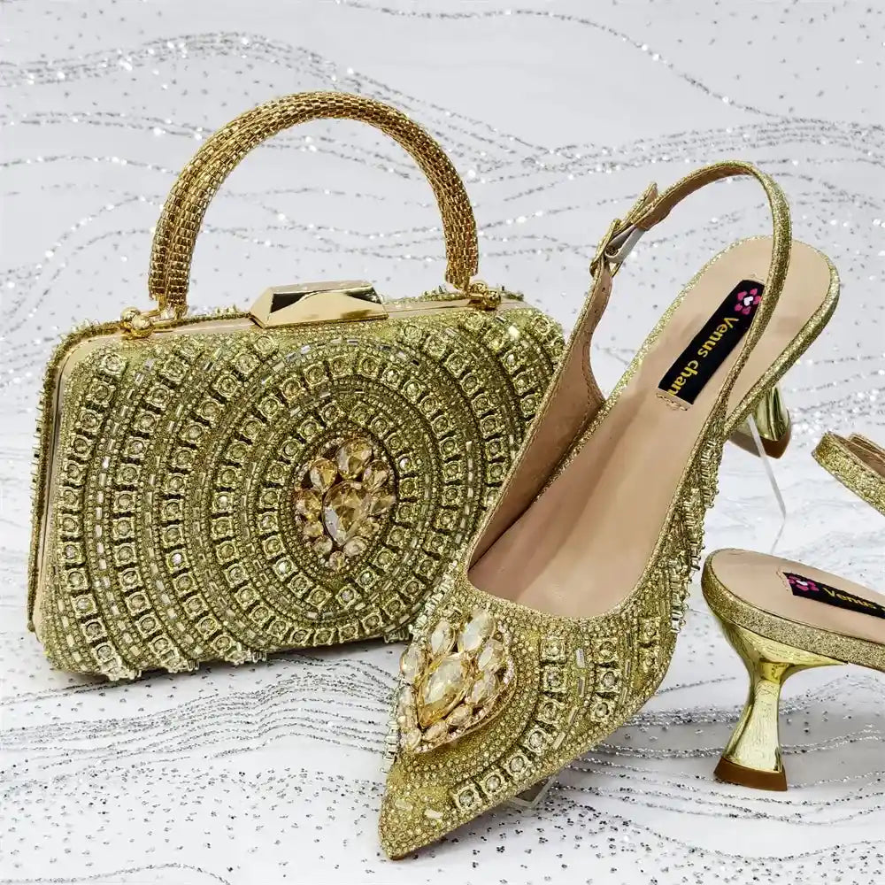 Gold Butterfly Slingback Sandals & Bag Set – 2025 Wedding Party on a textured white surface.