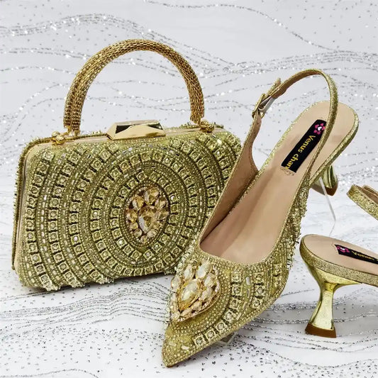Gold Butterfly Slingback Sandals & Bag Set – 2025 Wedding Party on a textured white surface.
