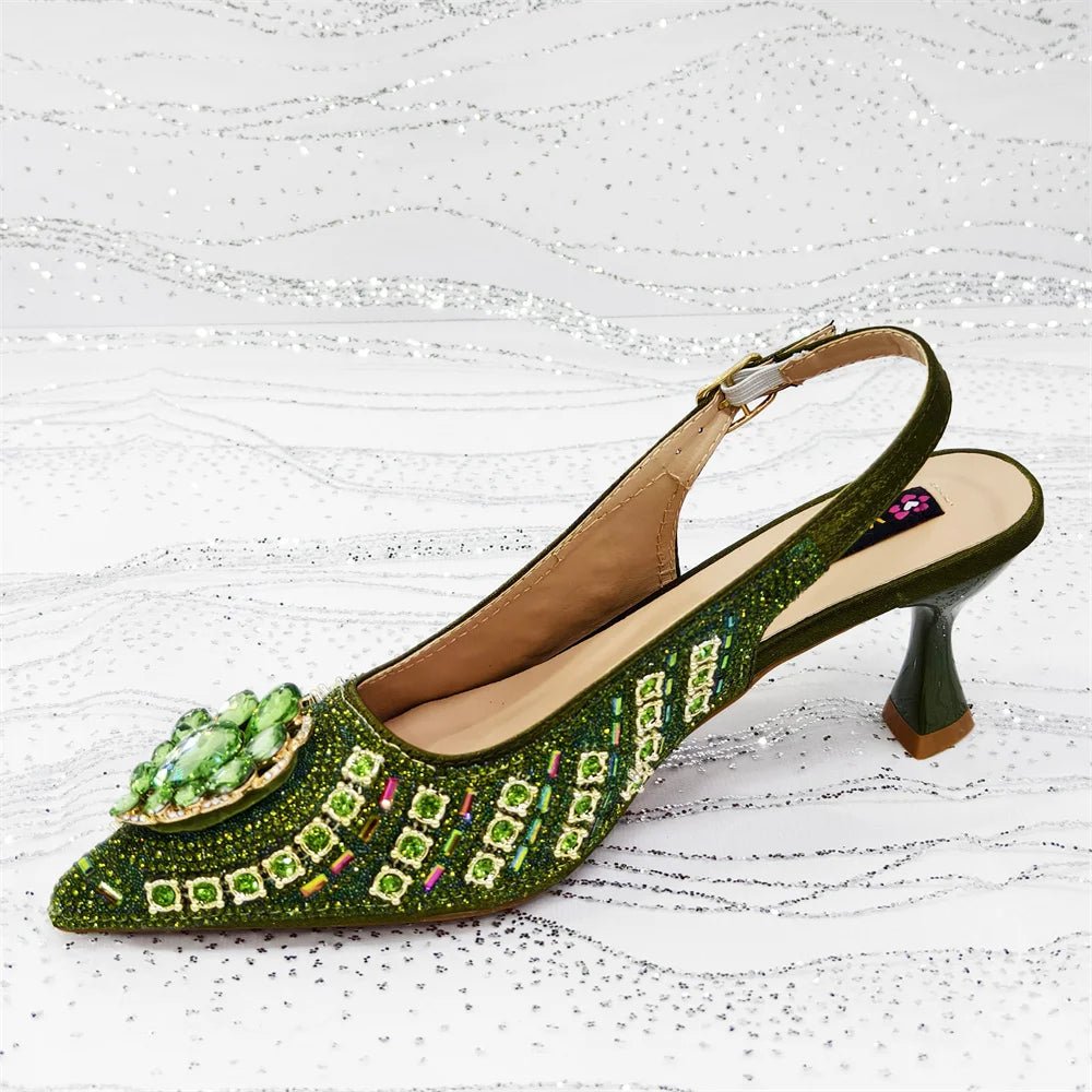 Green Butterfly Slingback Sandals & Bag Set – 2025 Wedding Party on a light gray background