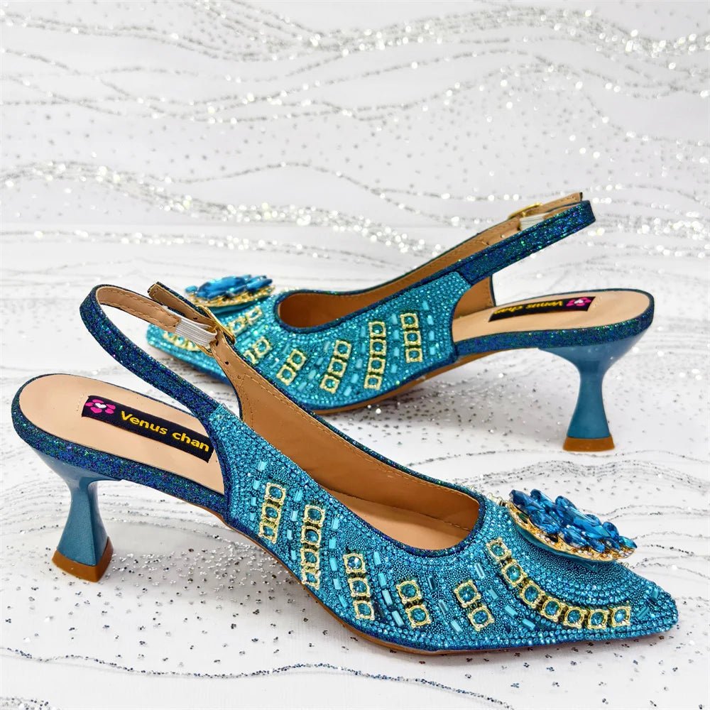 Blue Butterfly Slingback Sandals & Bag Set – 2025 Wedding Party on a textured white background