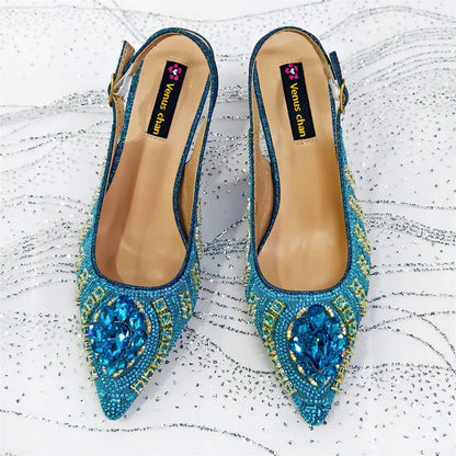 Pair of blue Butterfly Slingback Sandals & Bag Set – 2025 Wedding Party on a textured white background