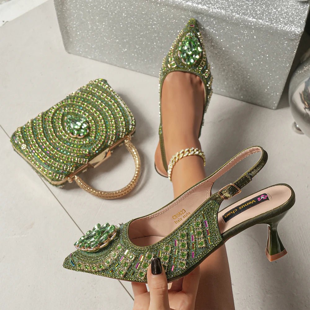 Green Butterfly Slingback Sandals & Bag Set – 2025 Wedding Party on a light background