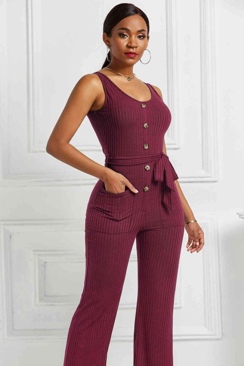 Button Detail Sleeveless Tie Waist Pocketed Jumpsuit - - Apparel & Accessories - Clothing - One-Pieces - Jumpsuits & Rompers - Milvertons