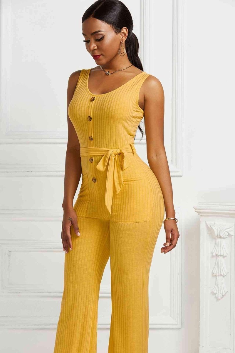 Button Detail Sleeveless Tie Waist Pocketed Jumpsuit - - Apparel & Accessories - Clothing - One-Pieces - Jumpsuits & Rompers - Milvertons