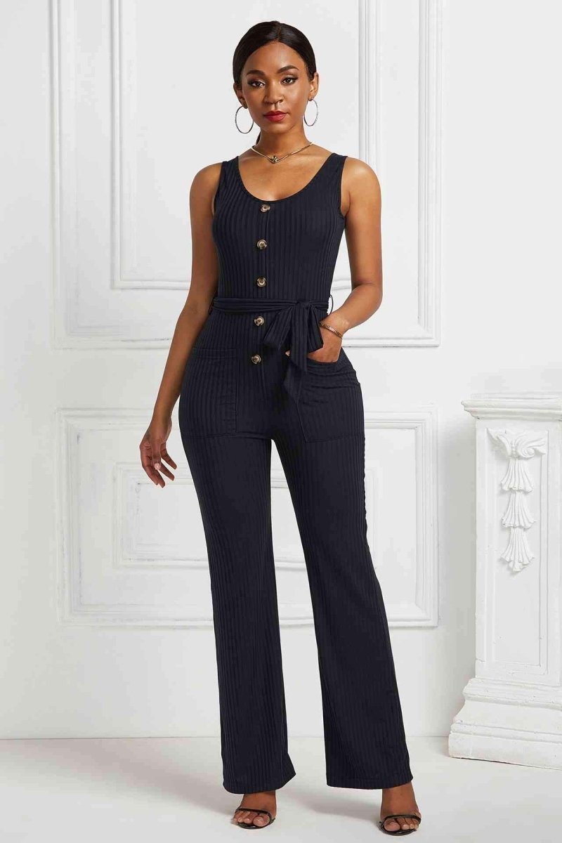 Button Detail Sleeveless Tie Waist Pocketed Jumpsuit - Black - Apparel & Accessories - Clothing - One-Pieces - Jumpsuits & Rompers - Milvertons