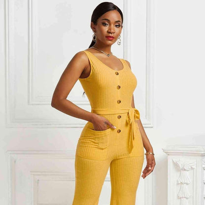 Button Detail Sleeveless Tie Waist Pocketed Jumpsuit - Yellow - Apparel & Accessories - Clothing - One-Pieces - Jumpsuits & Rompers - Milvertons