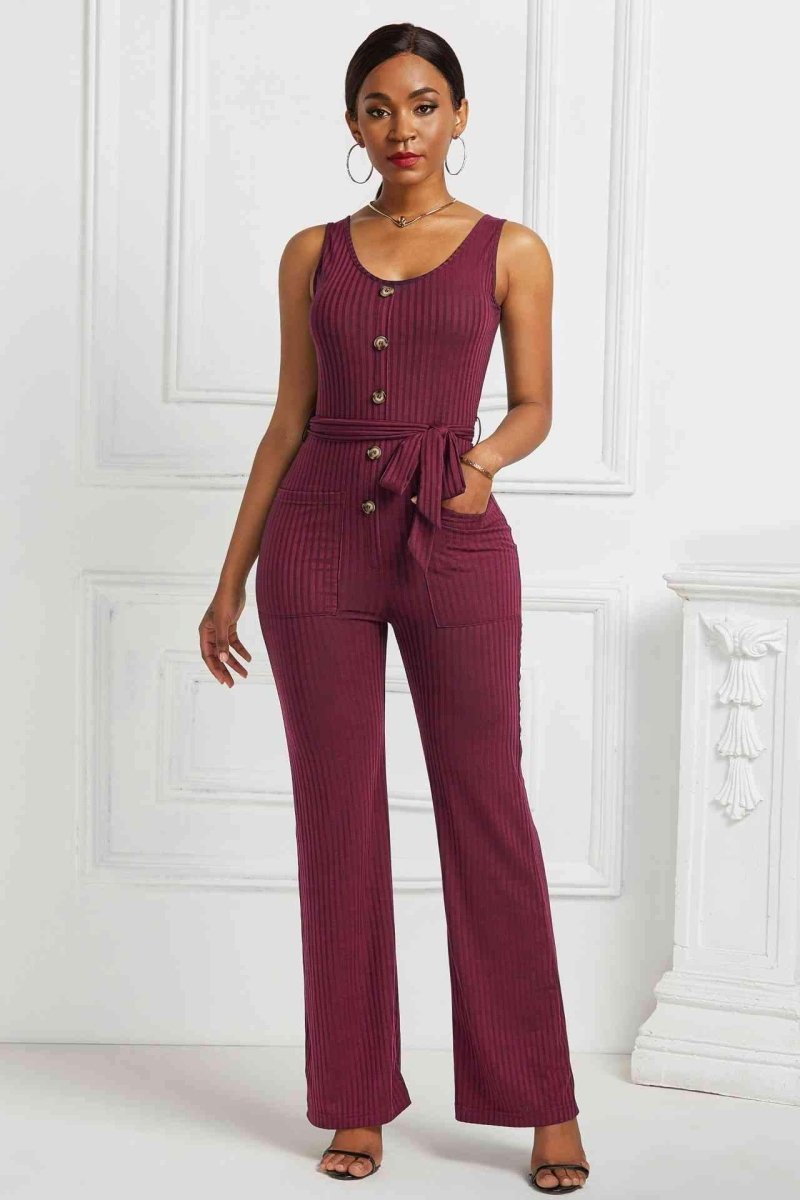Button Detail Sleeveless Tie Waist Pocketed Jumpsuit - Wine - Apparel & Accessories - Clothing - One-Pieces - Jumpsuits & Rompers - Milvertons