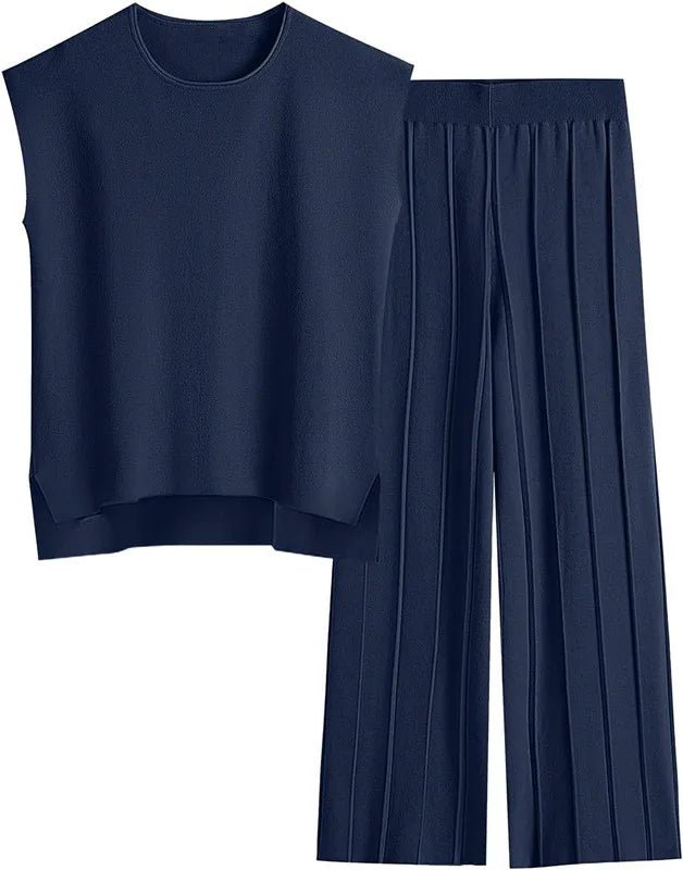 Dark blue sleeveless top and wide-leg pants set on a white background