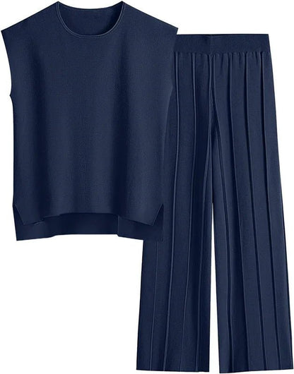 Dark blue sleeveless top and wide-leg pants set on a white background