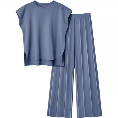 Cap Sleeve Round Neck Knit Two-Piece Set - Top & Pants