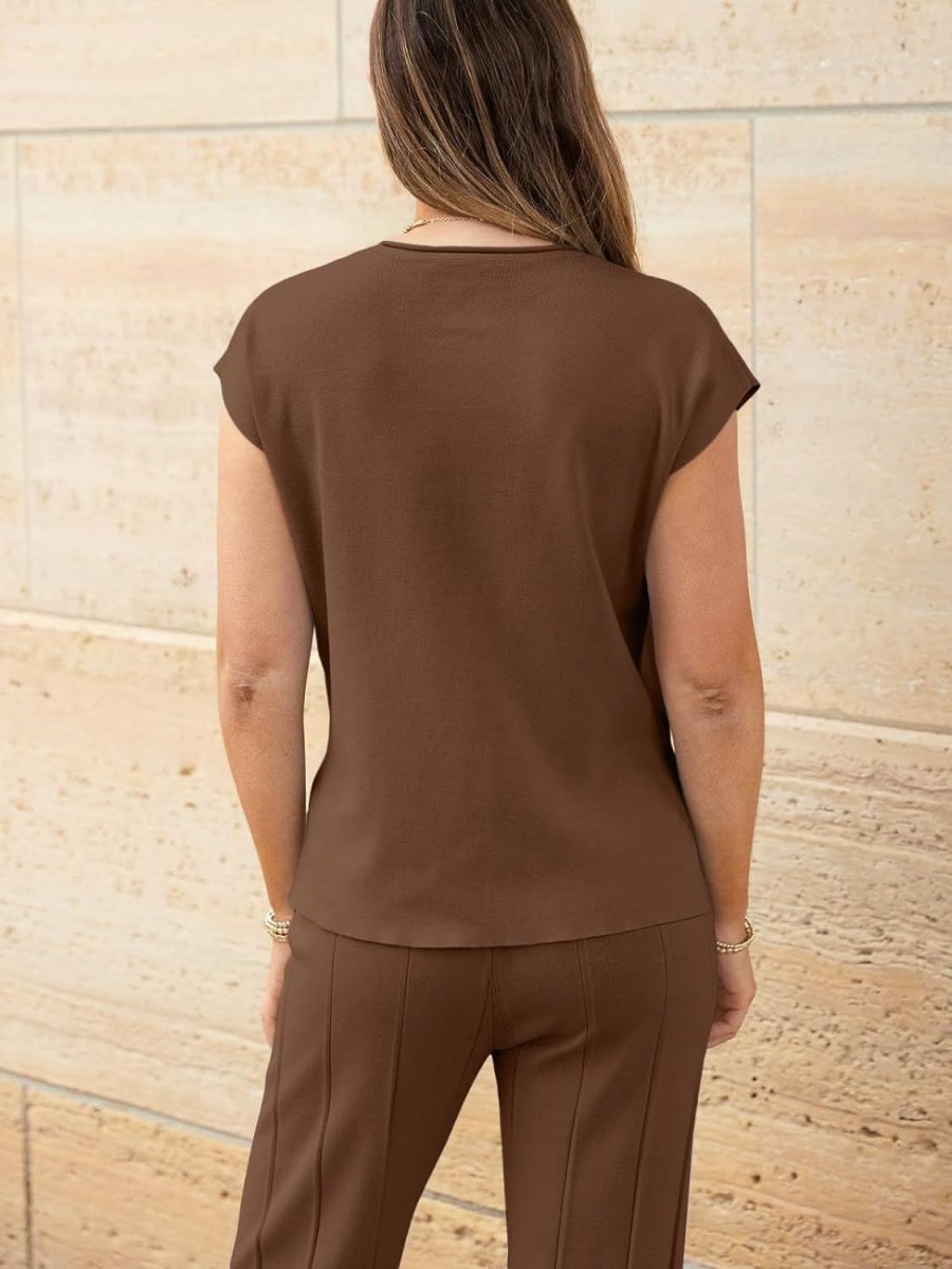 Cap Sleeve Round Neck Knit Two-Piece Set - Top & Pants - Brown - Women - Apparel - Clothing - Outfit Sets - Milvertons