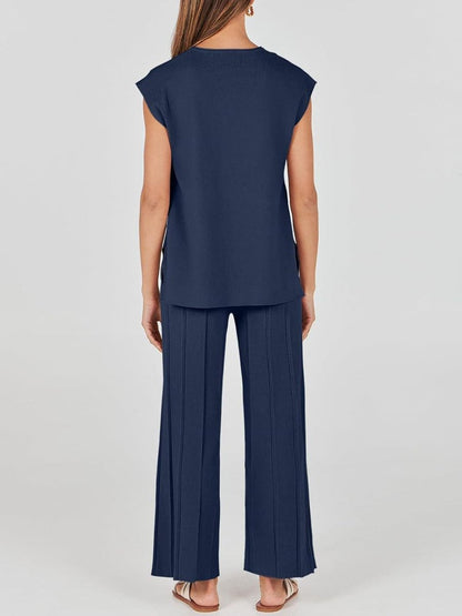 Cap Sleeve Round Neck Knit Two-Piece Set - Top & Pants