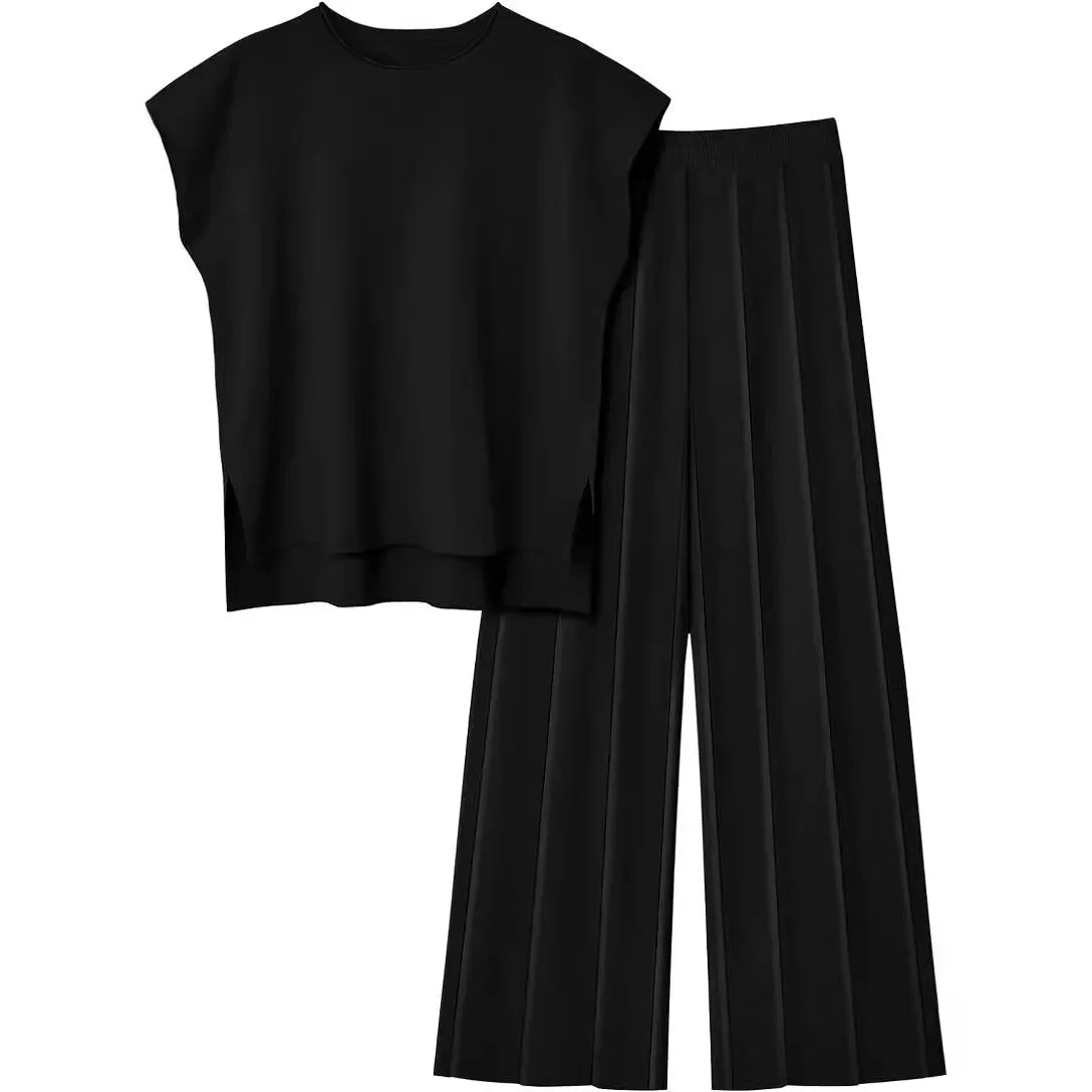 Cap Sleeve Round Neck Knit Two-Piece Set - Top & Pants