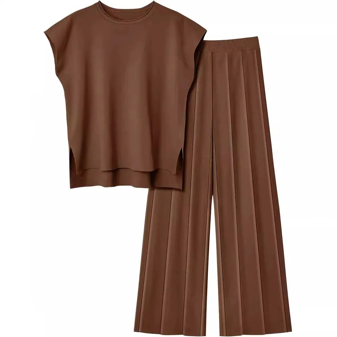 Cap Sleeve Round Neck Knit Two-Piece Set - Top & Pants