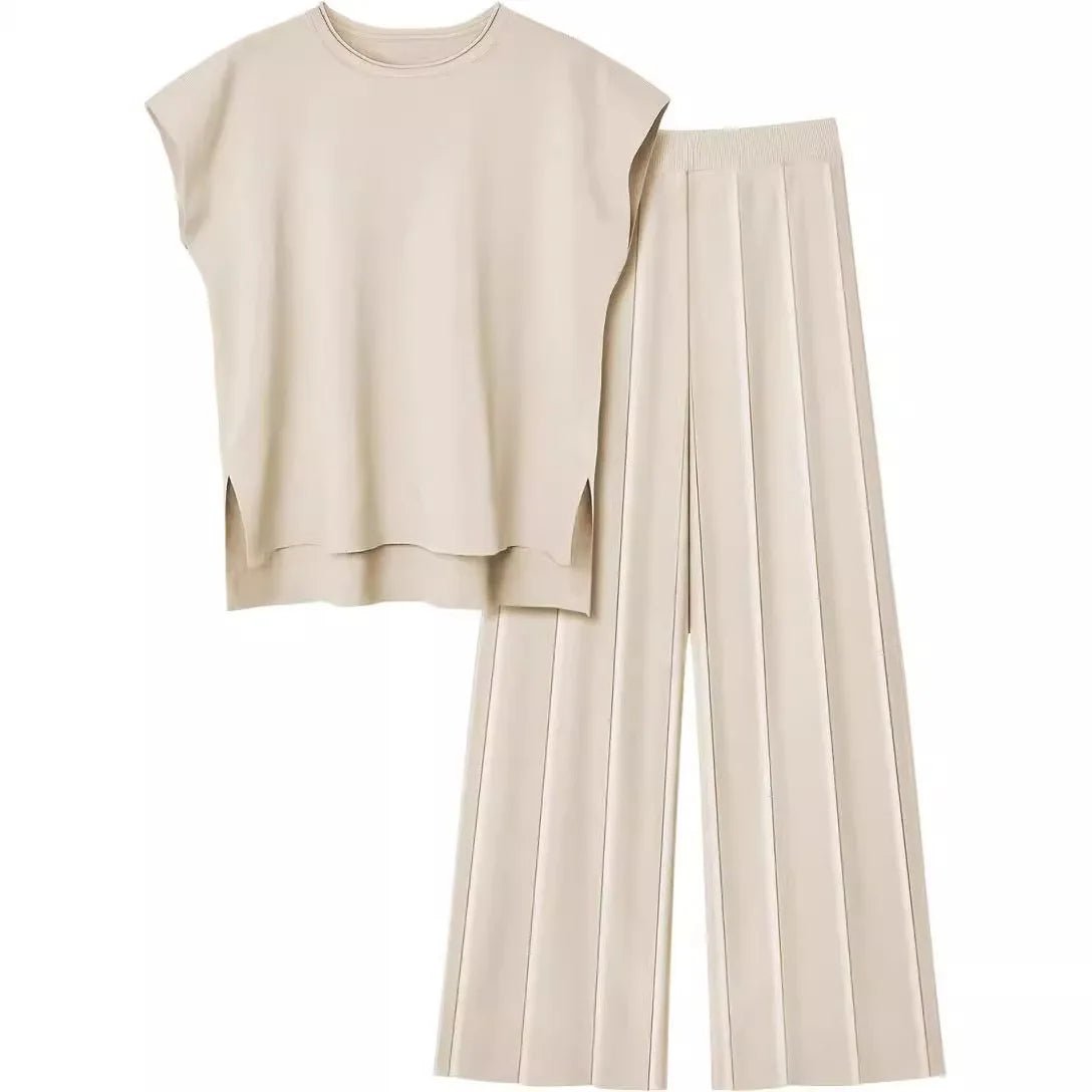 Apricot sleeveless top and wide-leg pants on a white background