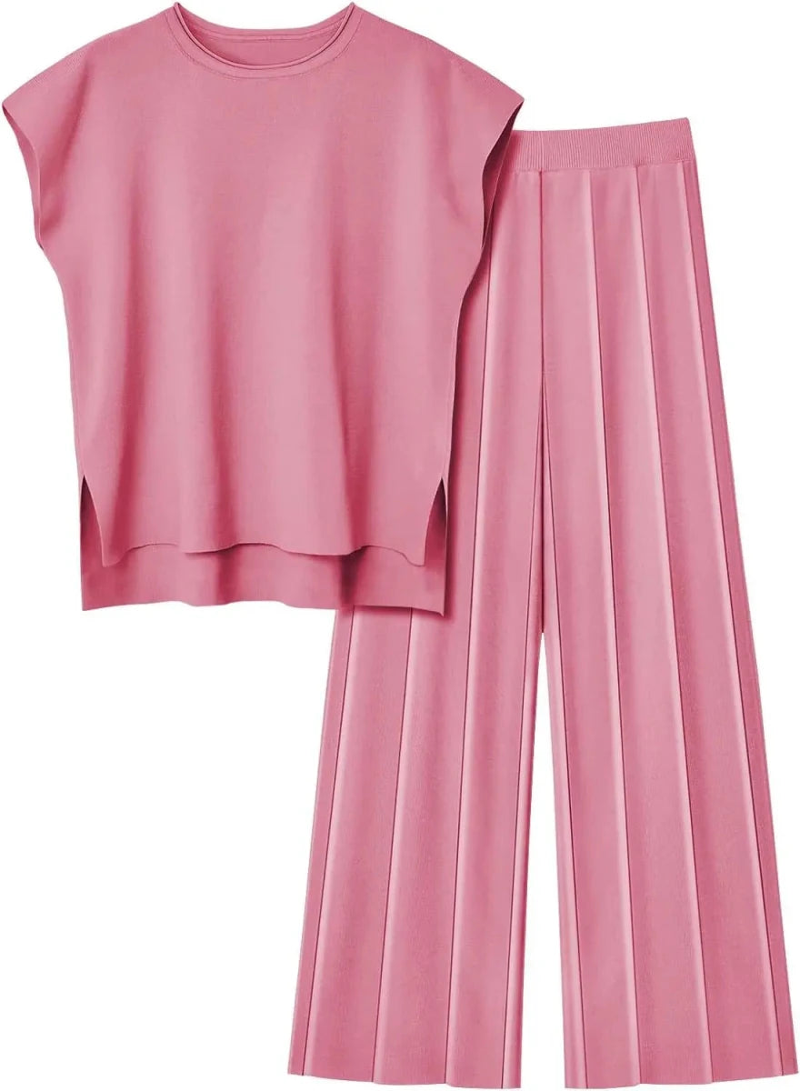 Cap Sleeve Round Neck Knit Two-Piece Set - Top & Pants
