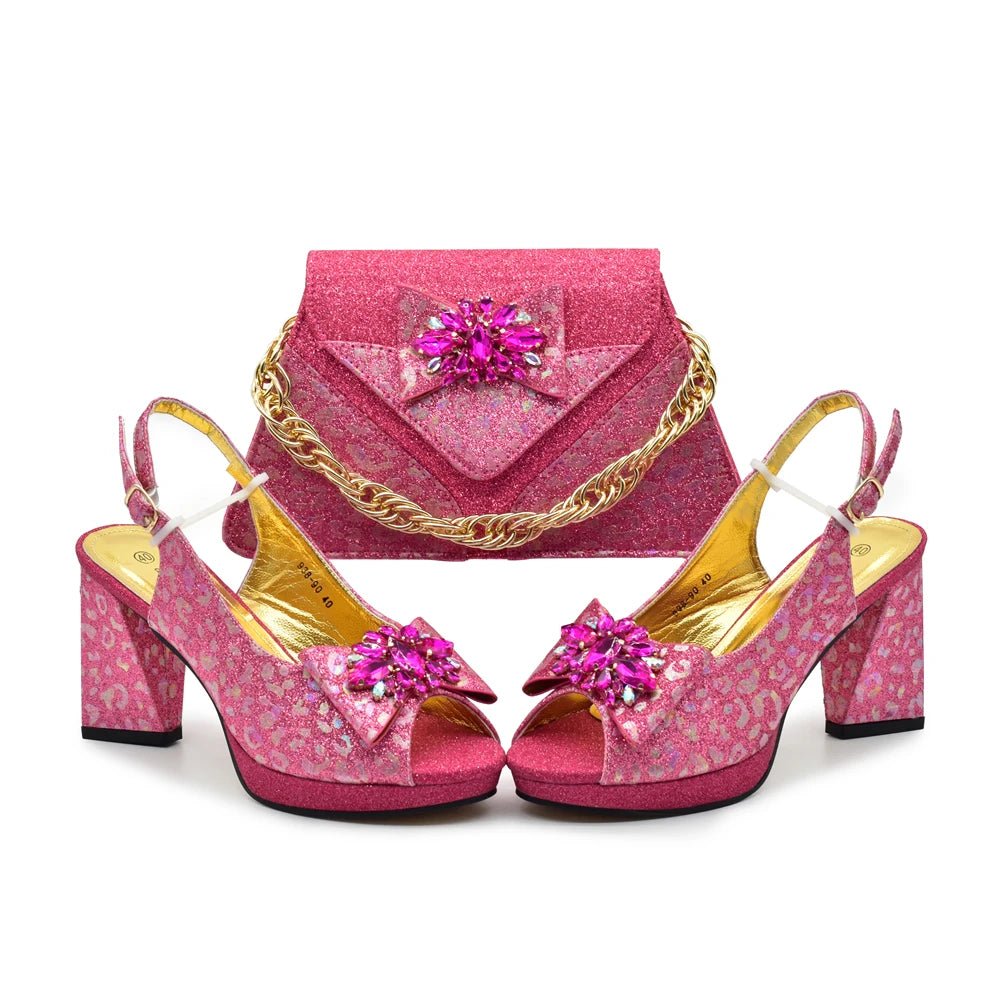 Chic Italian Shoes & Bag Set with Stones for Parties - Rosy Red - Women - Shoes - Milvertons