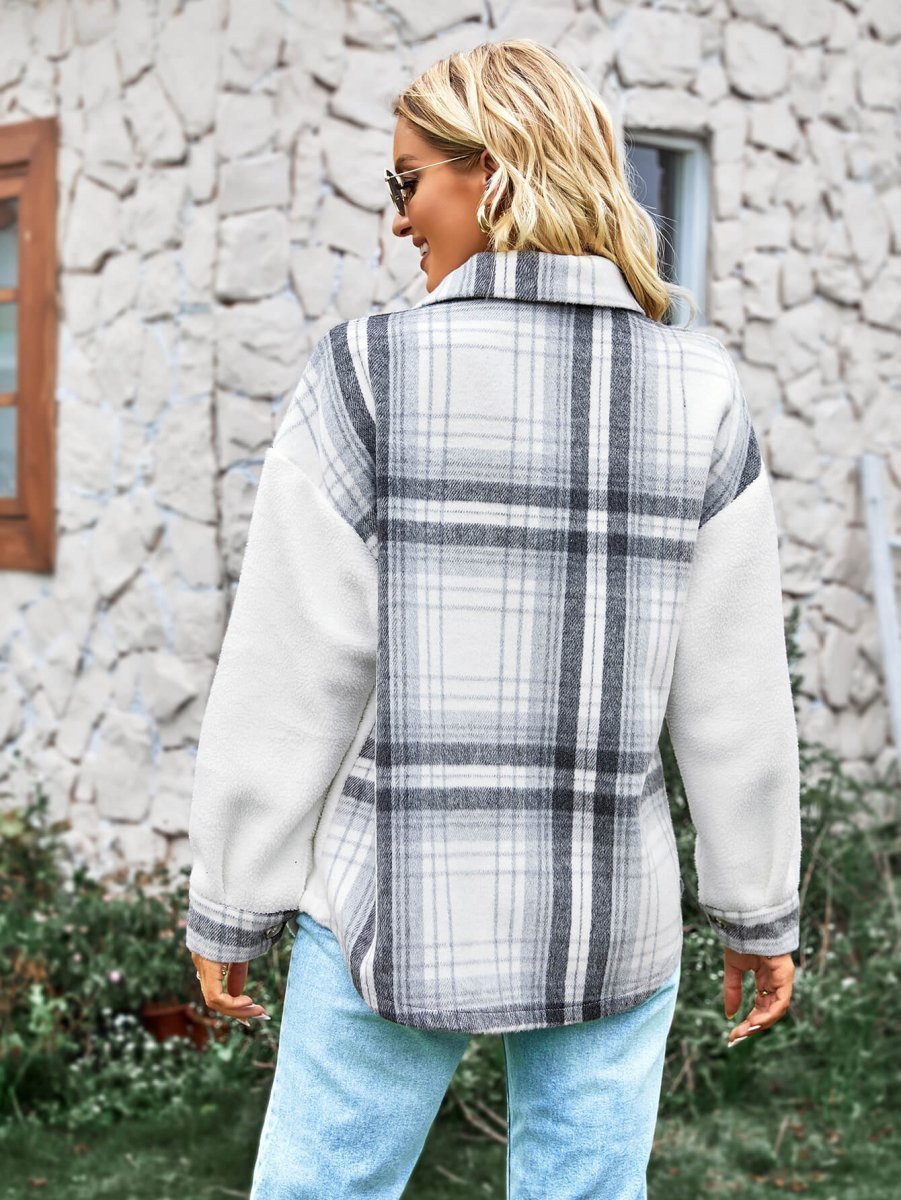 Chic Plaid Sherpa Jacket: Button Front for Trendy Contrast - - Women - Apparel - Outerwear - Jackets - Milvertons