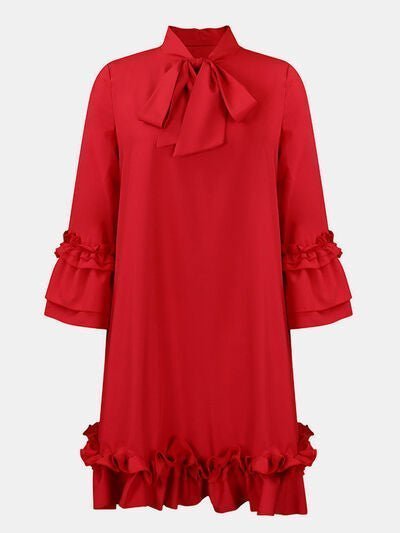 Chic Tie Neck Frill Dress with Three-Quarter Sleeves - - Women - Apparel - Dresses - Day to Night - Milvertons