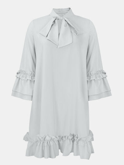 Chic Tie Neck Frill Dress with Three-Quarter Sleeves - - Women - Apparel - Dresses - Day to Night - Milvertons