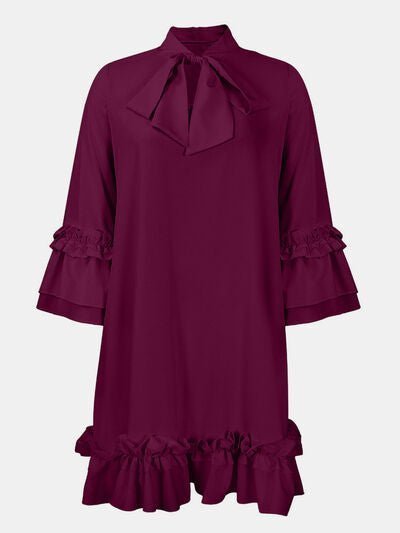 Chic Tie Neck Frill Dress with Three-Quarter Sleeves - - Women - Apparel - Dresses - Day to Night - Milvertons