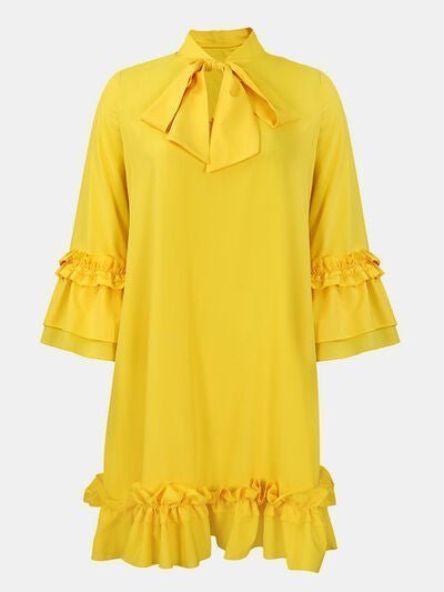 Chic Tie Neck Frill Dress with Three-Quarter Sleeves - - Women - Apparel - Dresses - Day to Night - Milvertons