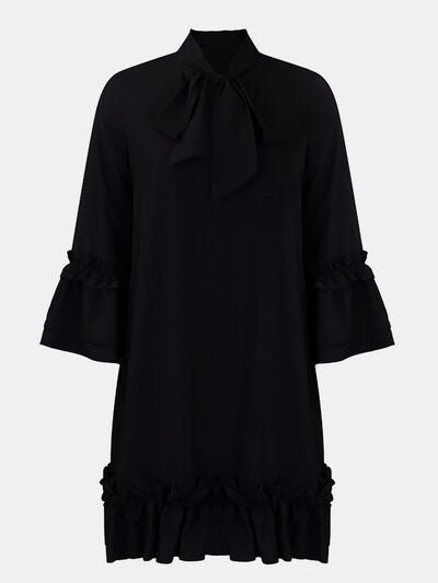 Chic Tie Neck Frill Dress with Three-Quarter Sleeves - - Women - Apparel - Dresses - Day to Night - Milvertons