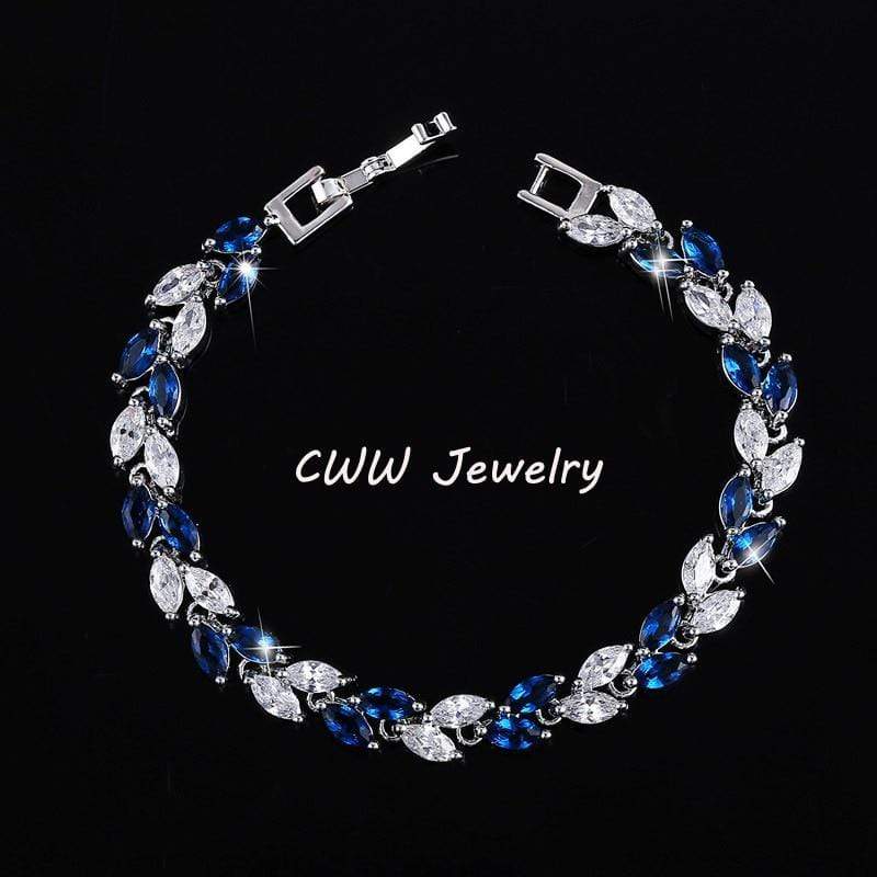 Cubic Zirconia Leaf Charm Link Chain Bracelet - Blue OSFA - Apparel & Accessories - Jewelry - Bracelets - Milvertons