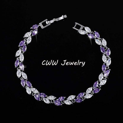 Cubic Zirconia Leaf Charm Link Chain Bracelet - Purple OSFA - Apparel & Accessories - Jewelry - Bracelets - Milvertons