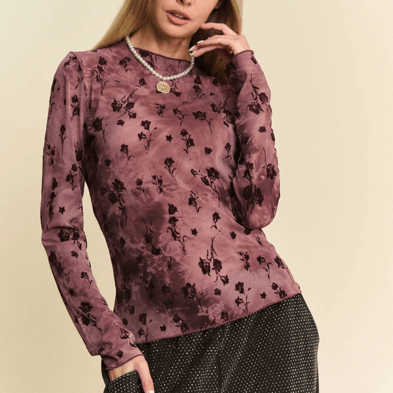 Davi & Dani Floral Mesh Long-Sleeved Sheer Layering Top - - Women - Apparel - Shirts - Blouses - Milvertons