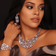 A close-up glam portrait of a stylish, beautiful, female model wearing the full elegant Dubai silver-plated jewelry set: intricate necklace, matching bracelet, matching dangling earrings, and matching ring—all worn together