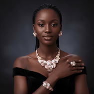 Woman wearing a gold and pink jewelry set against a dark background
