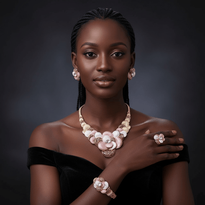 Woman wearing a gold and pink jewelry set against a dark background