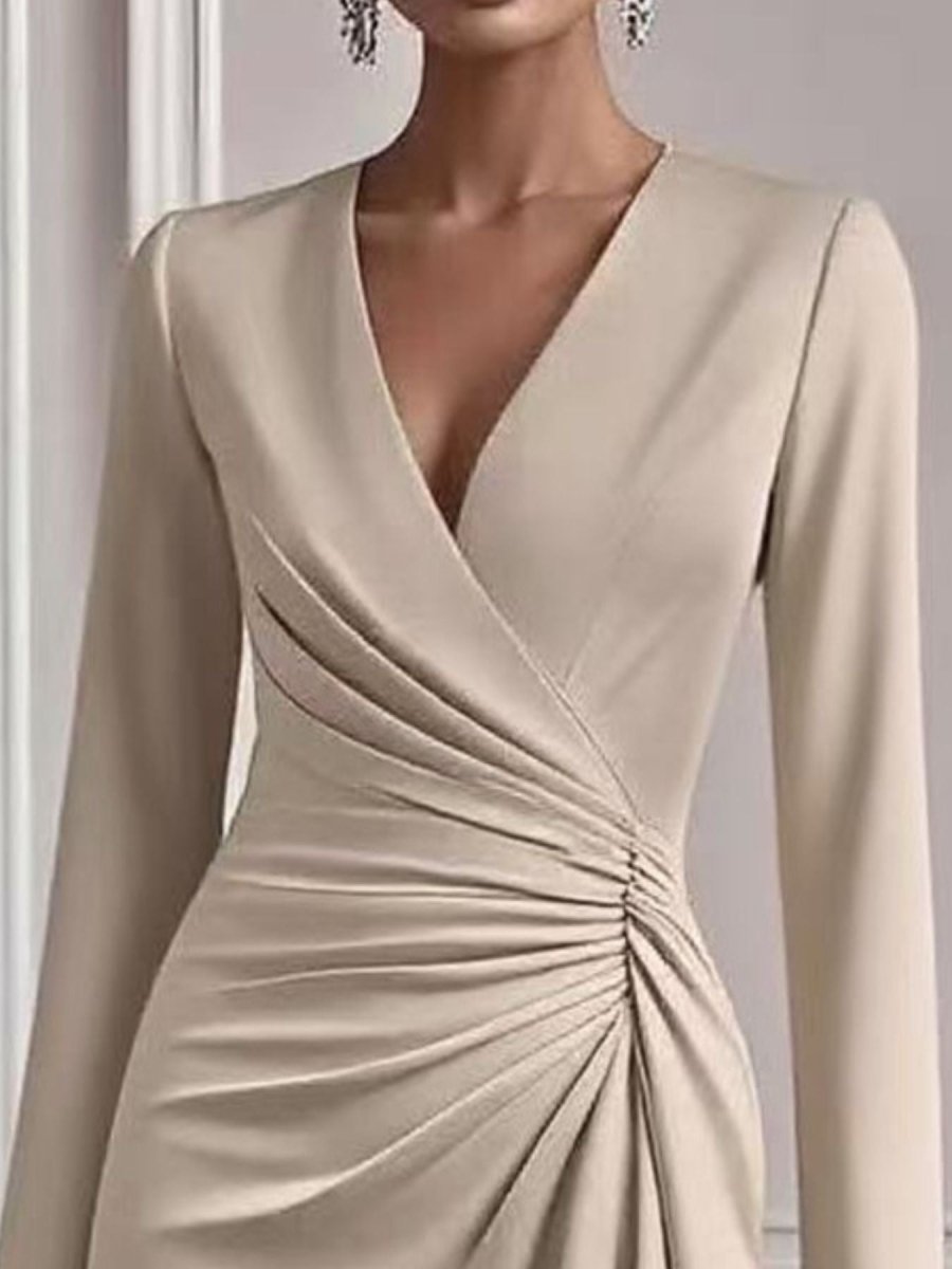 Elegant A-Line Midi Dress Front Ruched V-Neck Long Sleeve