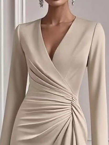 Elegant A-Line Midi Dress Front Ruched V-Neck Long Sleeve