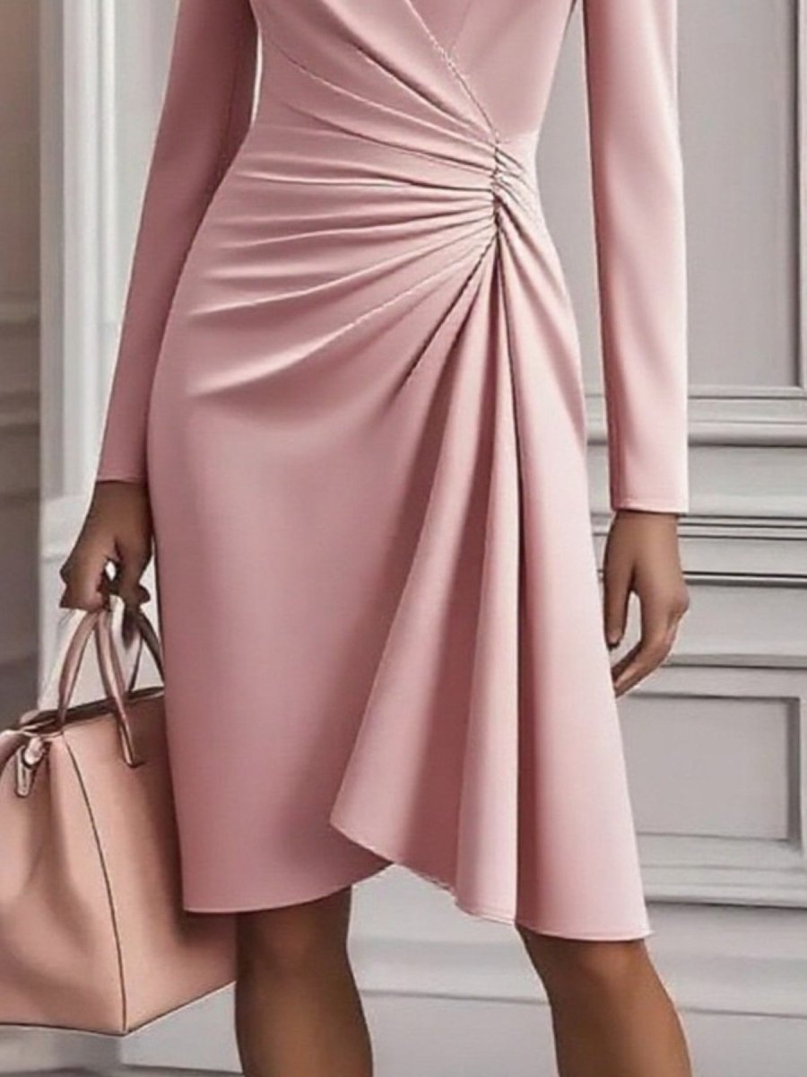 Elegant A-Line Midi Dress Front Ruched V-Neck Long Sleeve
