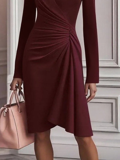 Elegant A-Line Midi Dress Front Ruched V-Neck Long Sleeve